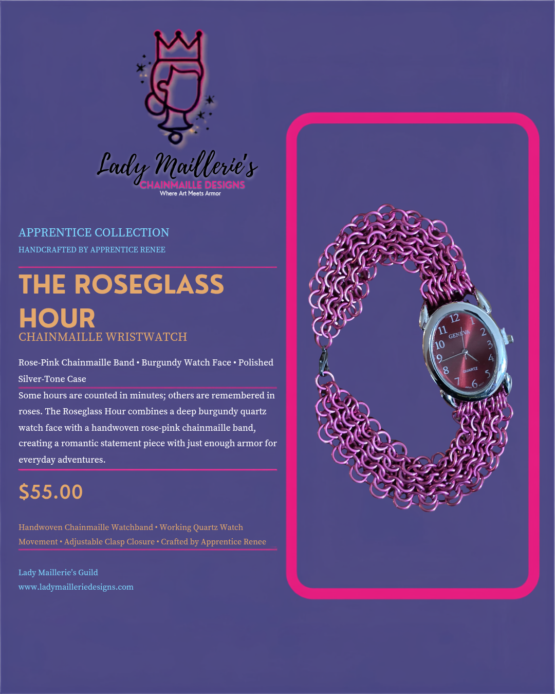 The Roseglass Hour – Chainmaille Wristwatch