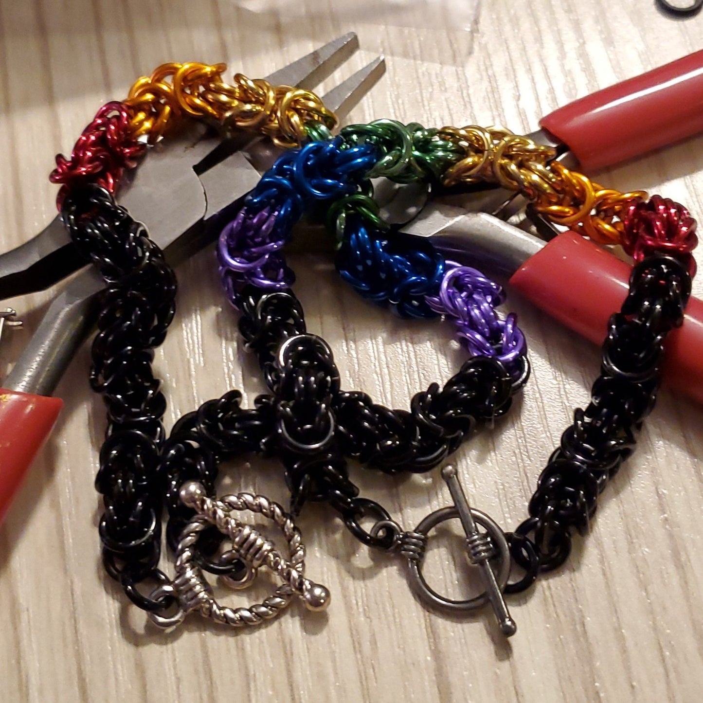 PRIDEcollection Double Rainbow Byzantine Chainmaille Bracelet with Toggle Clasp Set