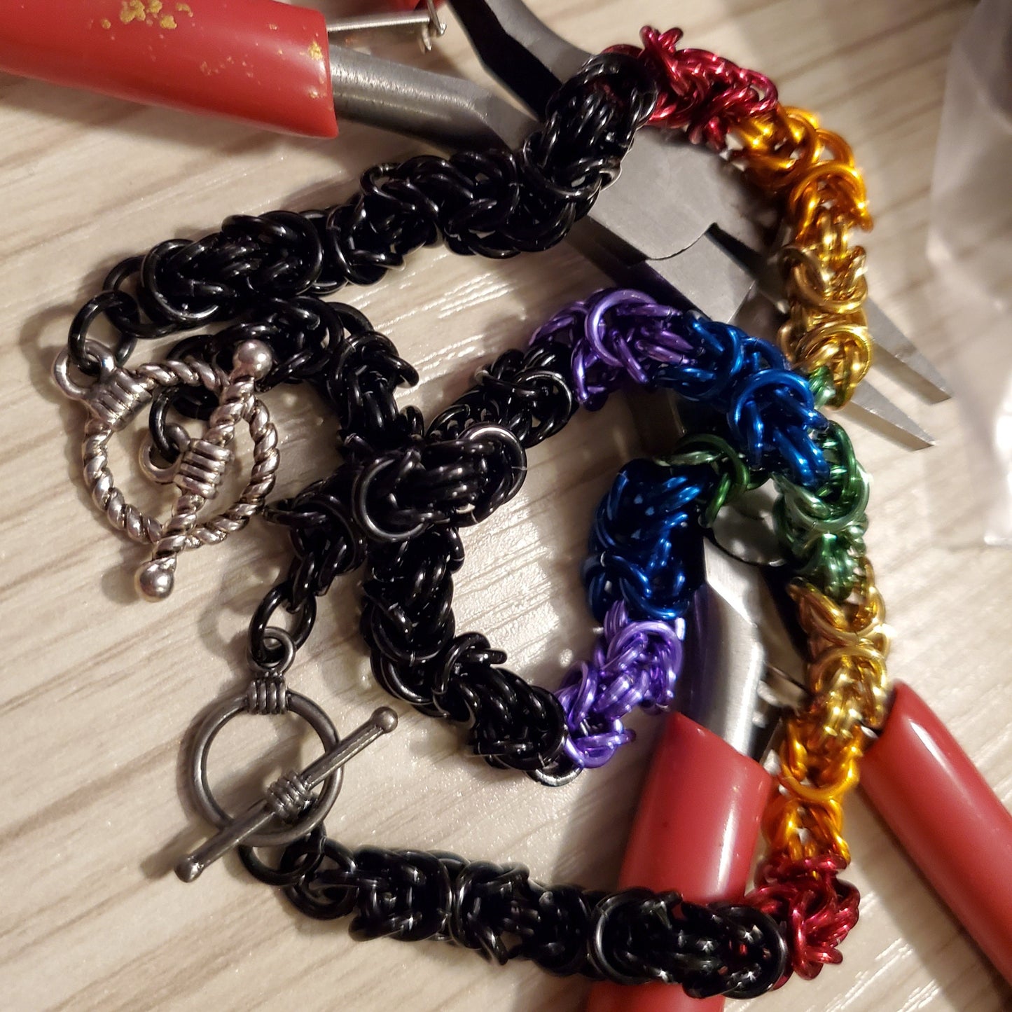 PRIDEcollection Double Rainbow Byzantine Chainmaille Bracelet with Toggle Clasp Set