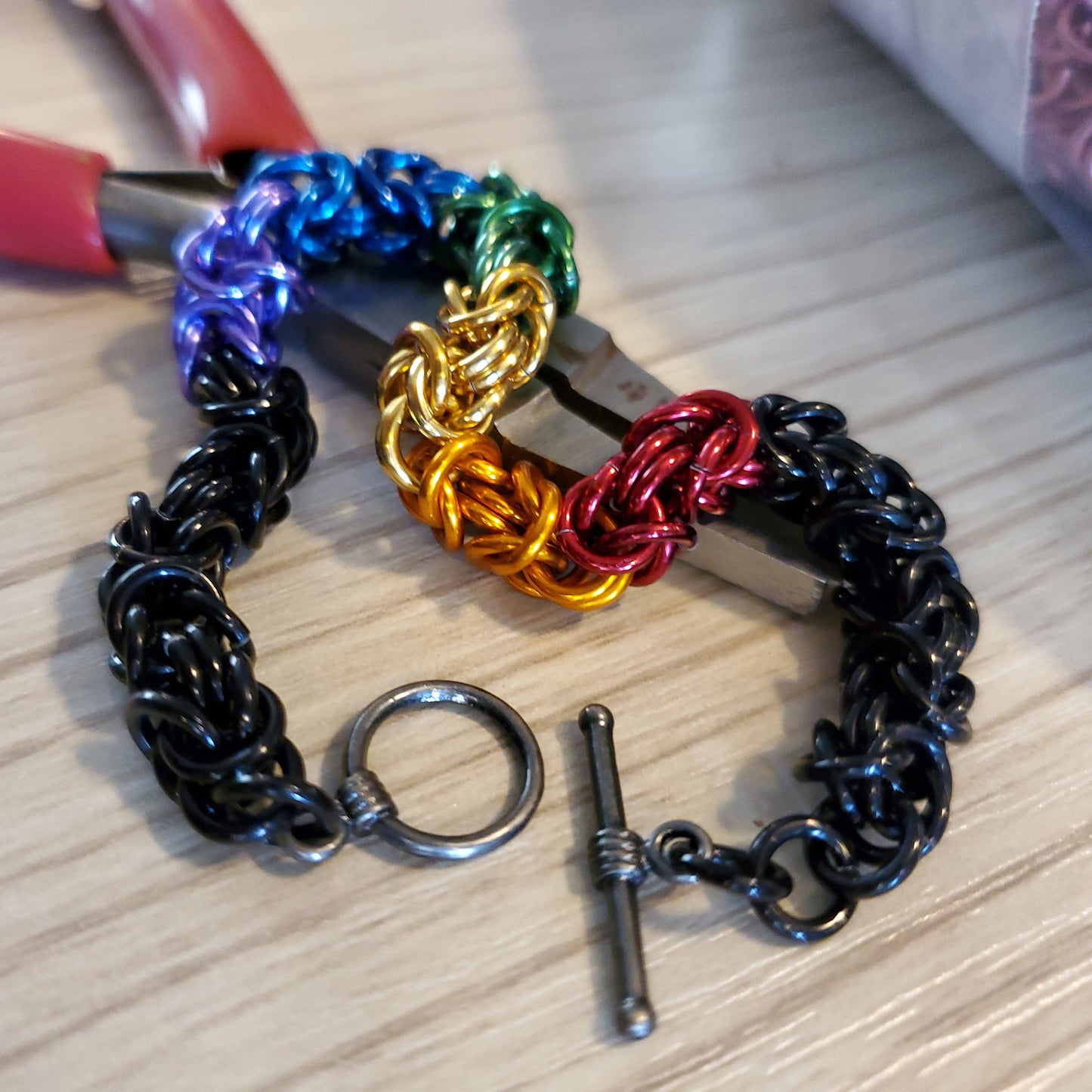 PRIDEcollection 6" Rainbow and Black Byzantine Chainmaille Bracelet with Toggle clasp