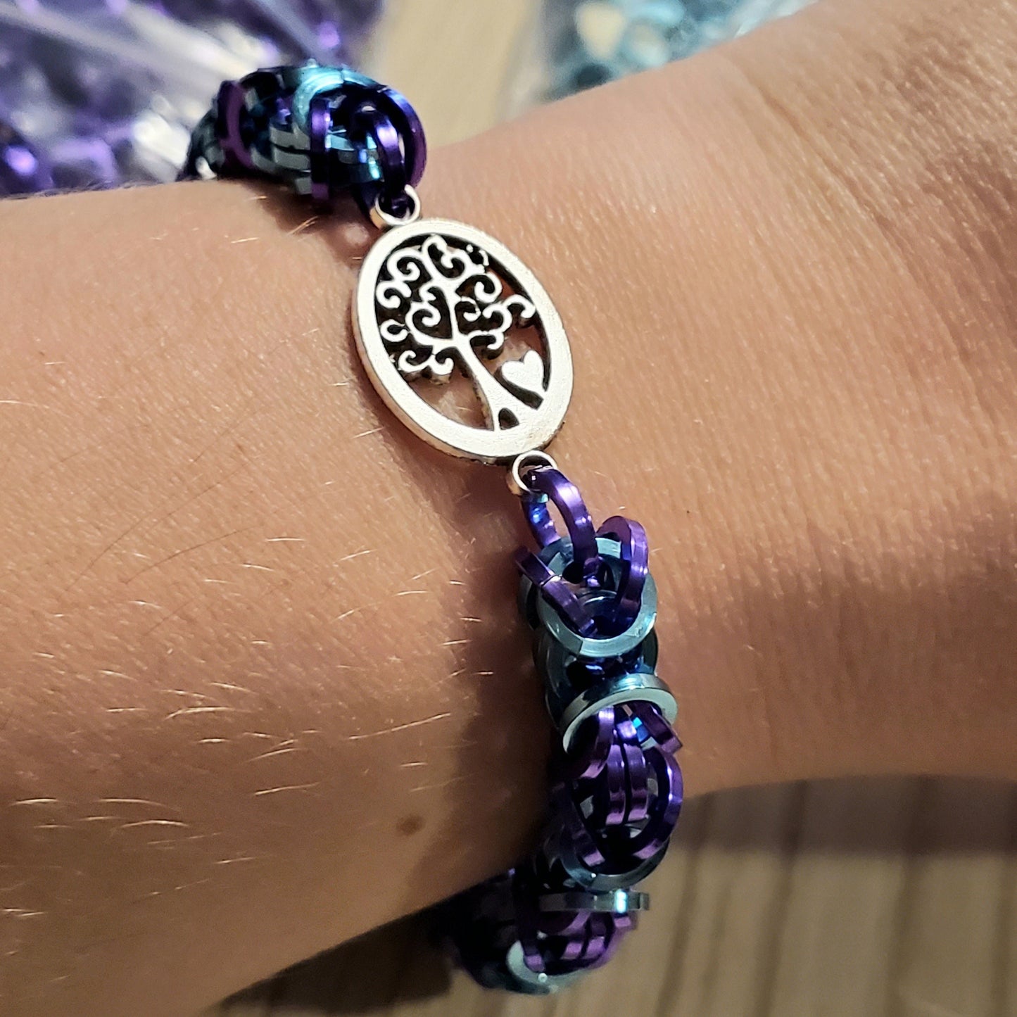 Suicide Awareness Tree of Life Purple and Teal Square Wire with Toggle Clasp