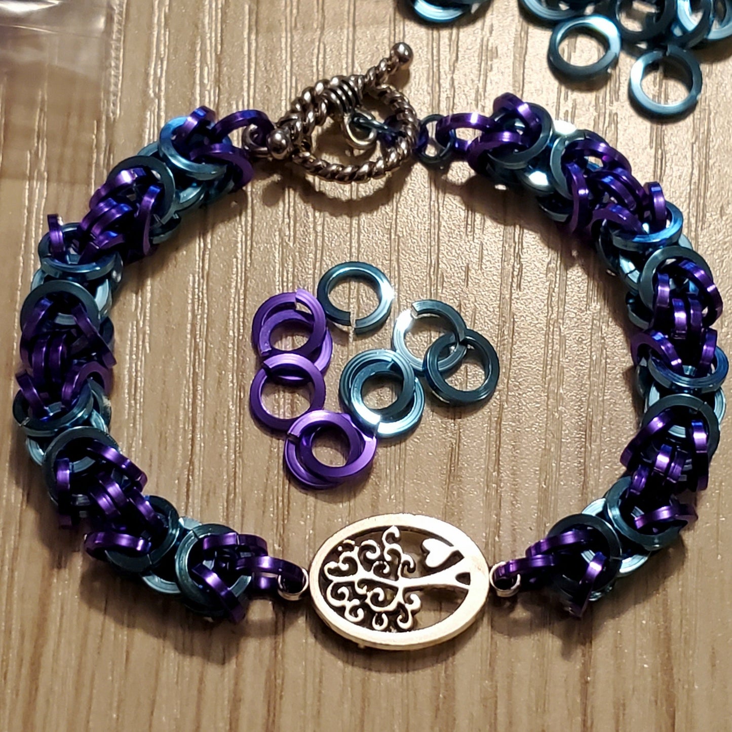 Suicide Awareness Tree of Life Purple and Teal Square Wire with Toggle Clasp