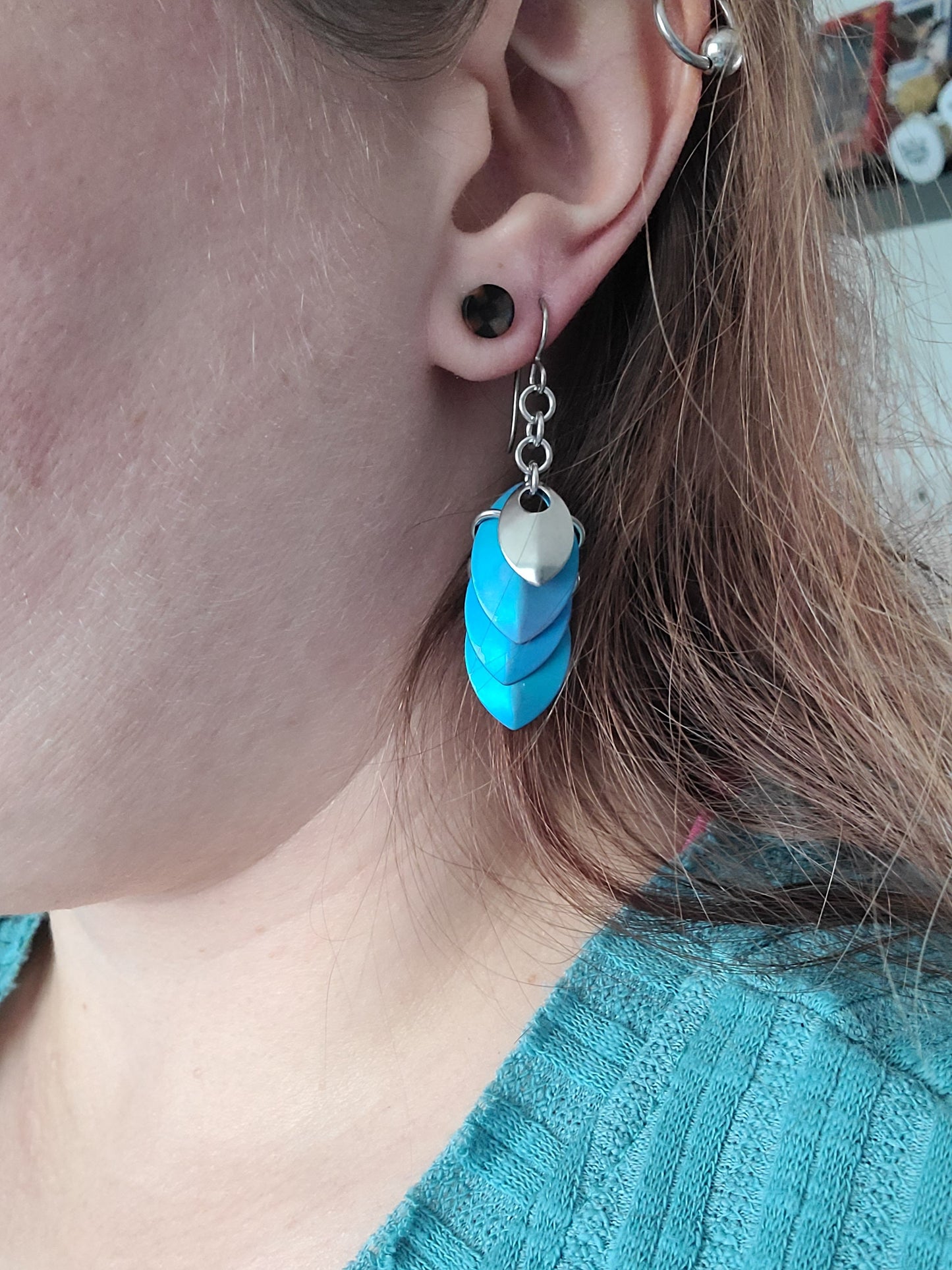Teal Titanium Linear Dragon Scale (small) Dangle Earrings