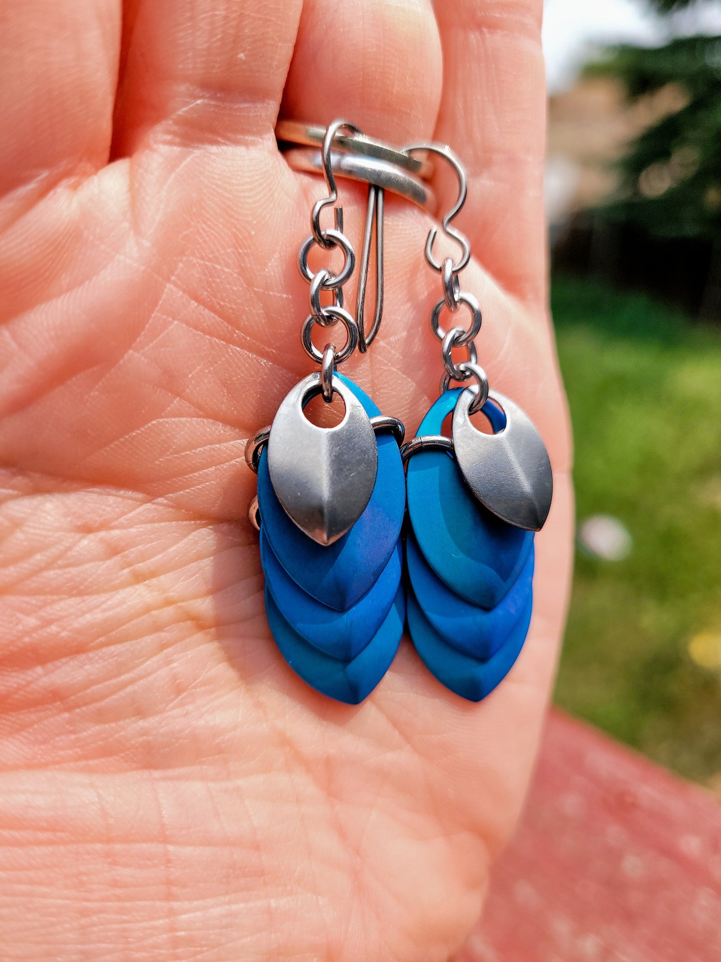 Teal Titanium Linear Dragon Scale (small) Dangle Earrings