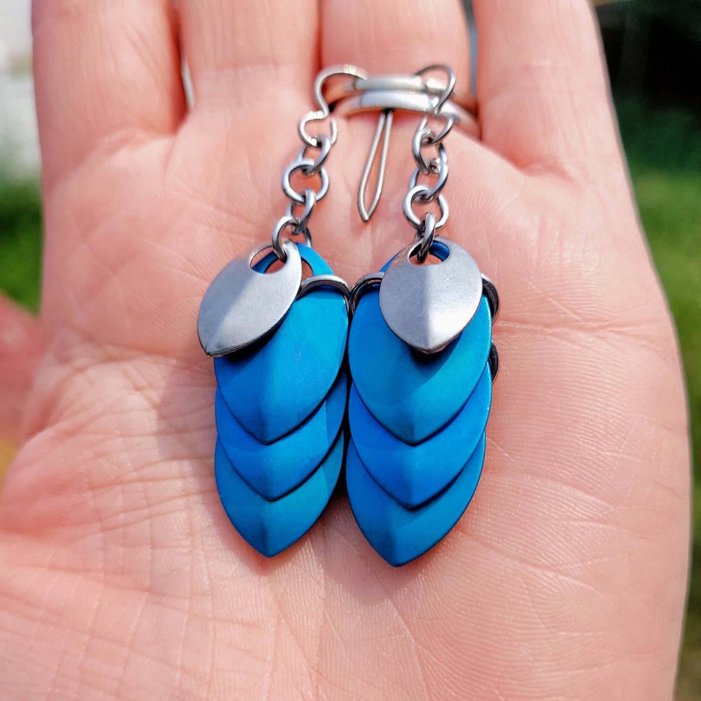 Teal Titanium Linear Dragon Scale (small) Dangle Earrings
