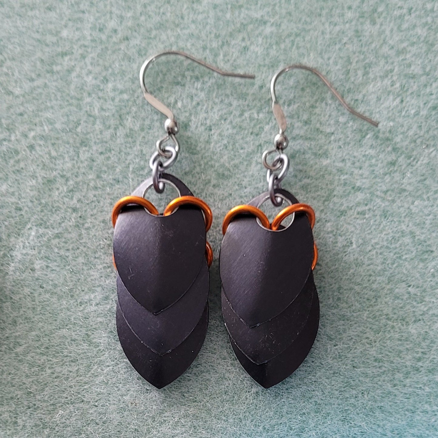 Spooky Linear Dragon Scale Black and Orange Dangle Earrings
