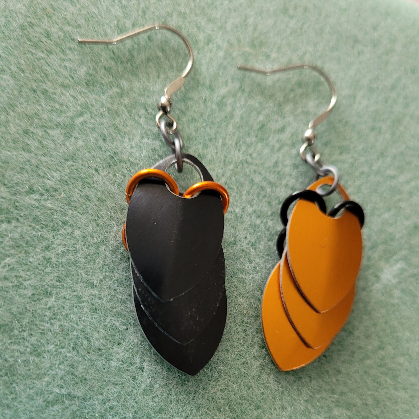 Spooky Linear Dragon Scale Black and Orange Dangle Earrings