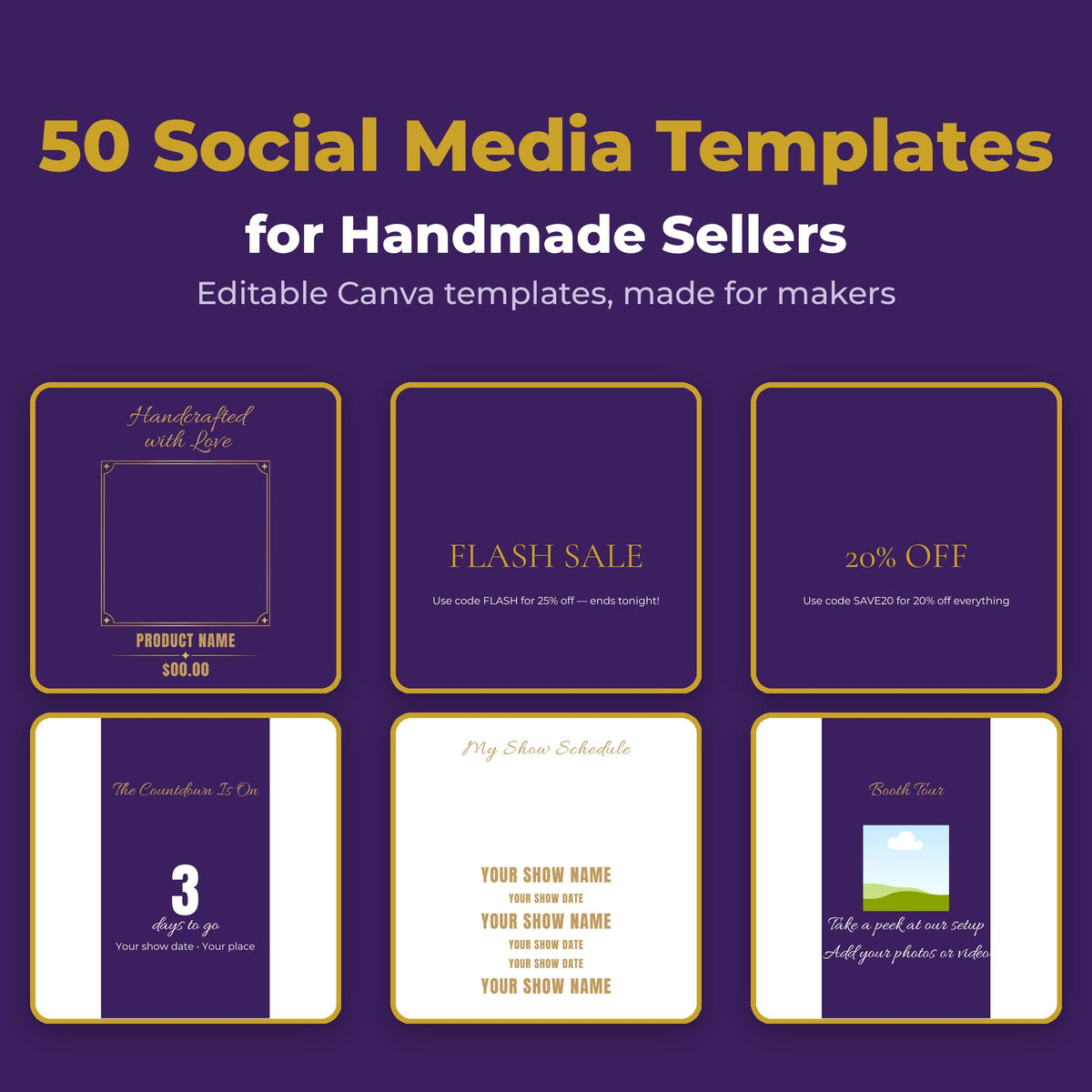 Social Media Templates for Handmade Business | 50 Editable Canva Posts for Craft Vendors | Etsy Seller Content Kit