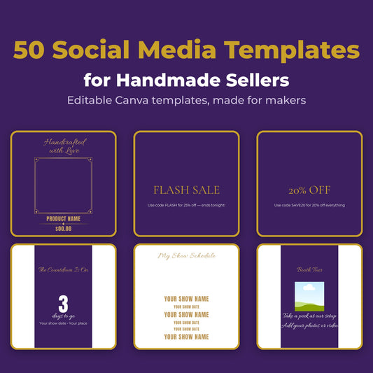 Social Media Templates for Handmade Business | 50 Editable Canva Posts for Craft Vendors | Etsy Seller Content Kit