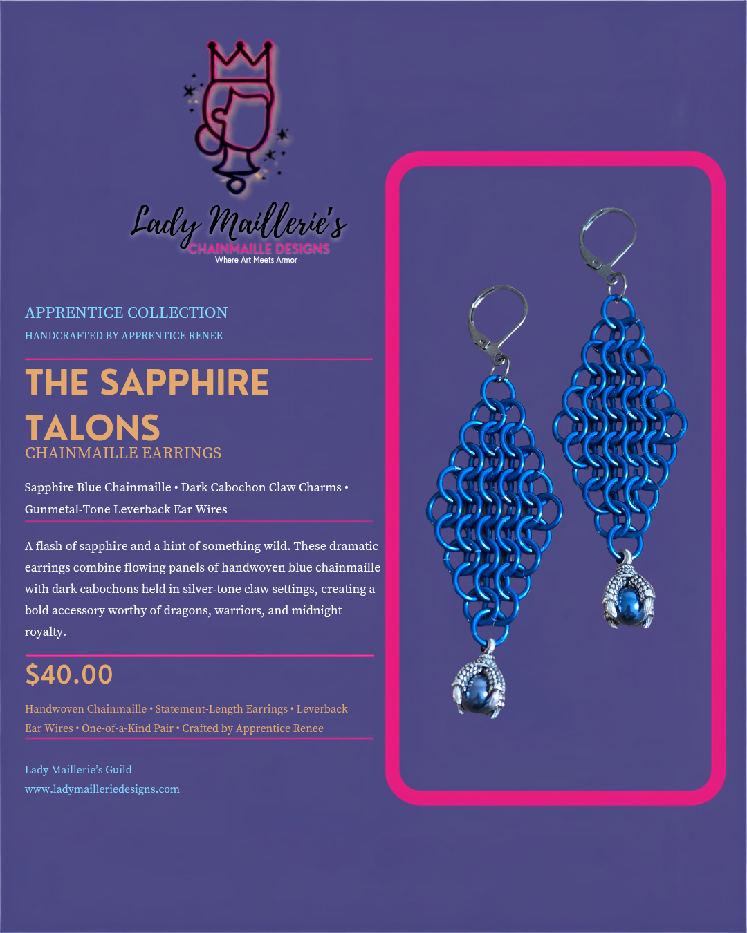The Sapphire Talons – Chainmaille Earrings