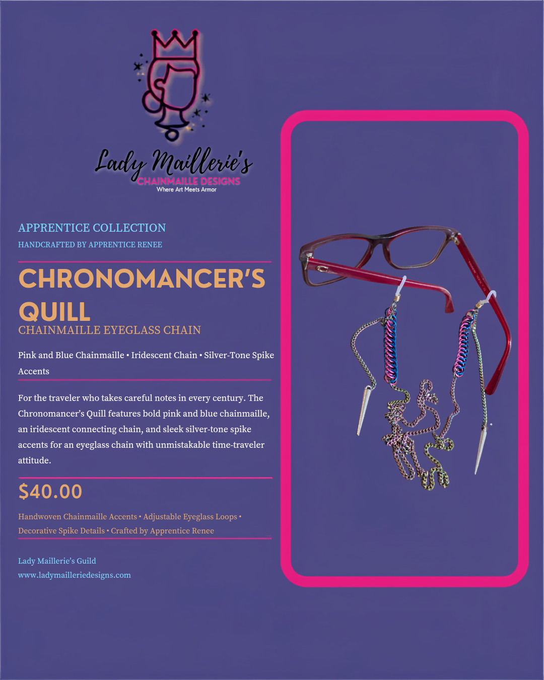 Chronomancer’s Quill – Chainmaille Eyeglass Chain