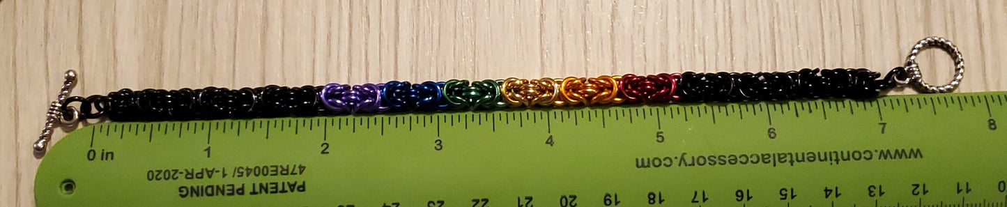 PRIDEcollection 7" Rainbow and Black Byzantine Chainmaille Bracelet with Toggle Clasp