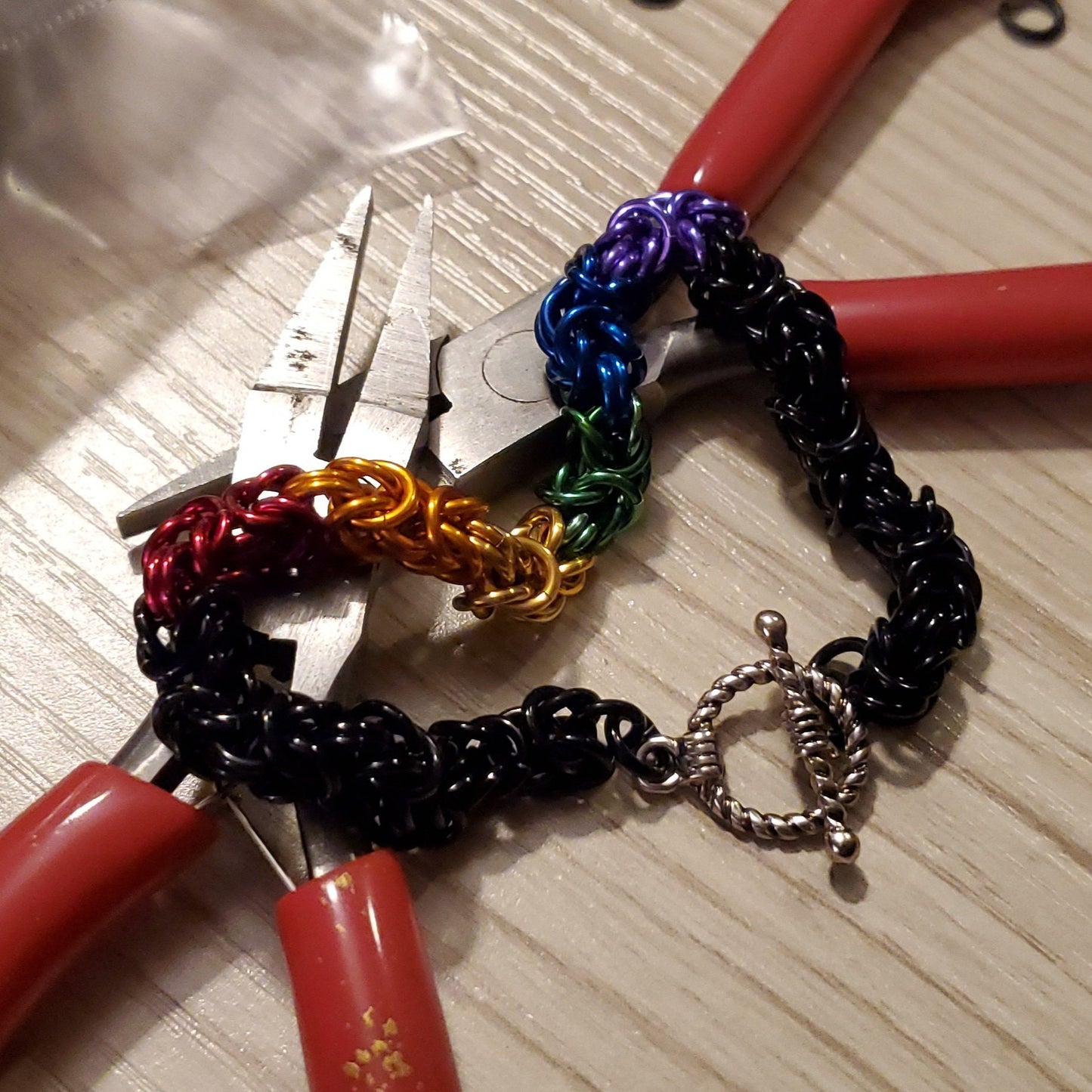 PRIDEcollection 7" Rainbow and Black Byzantine Chainmaille Bracelet with Toggle Clasp