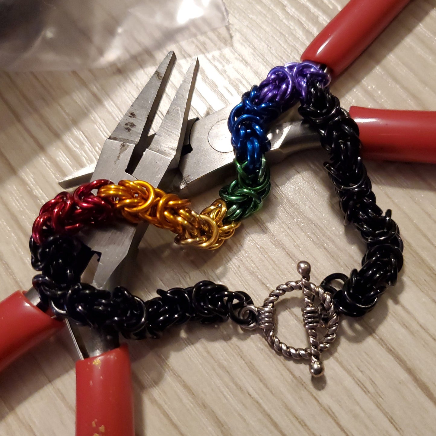 PRIDEcollection 7" Rainbow and Black Byzantine Chainmaille Bracelet with Toggle Clasp