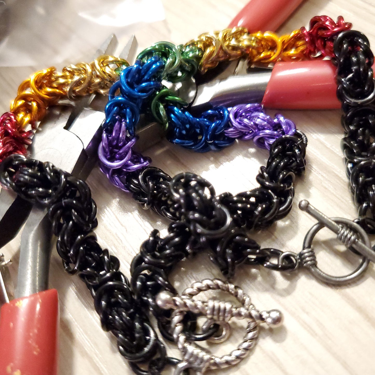 PRIDEcollection Double Rainbow Byzantine Chainmaille Bracelet with Toggle Clasp Set