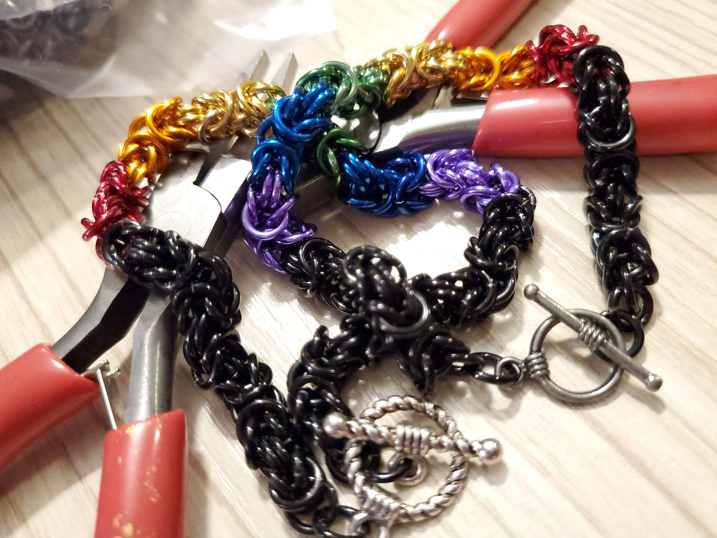 PRIDEcollection Double Rainbow Byzantine Chainmaille Bracelet with Toggle Clasp Set