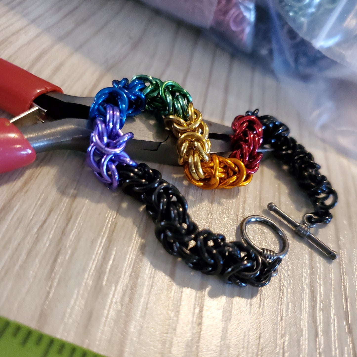 PRIDEcollection 6" Rainbow and Black Byzantine Chainmaille Bracelet with Toggle clasp