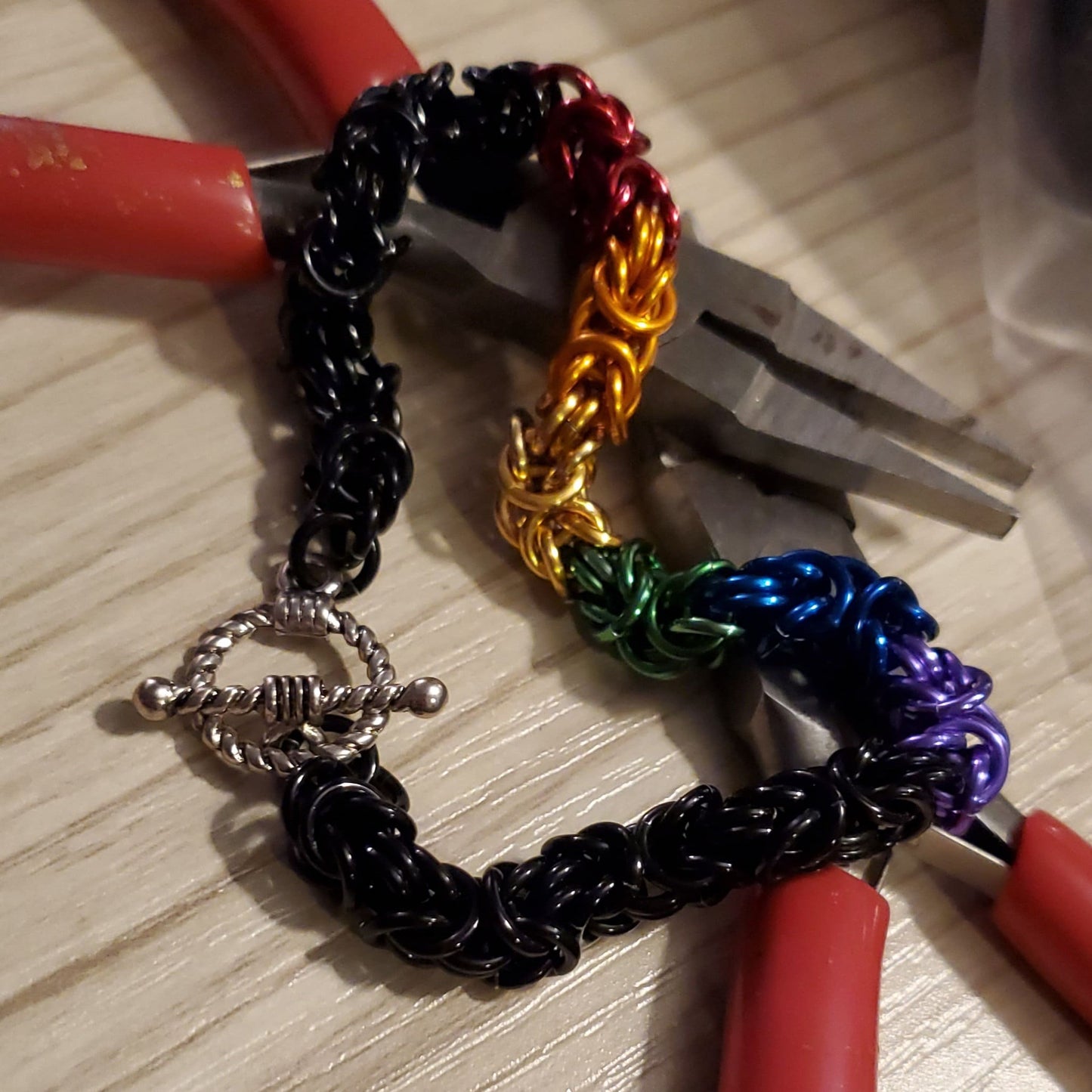 PRIDEcollection 7" Rainbow and Black Byzantine Chainmaille Bracelet with Toggle Clasp
