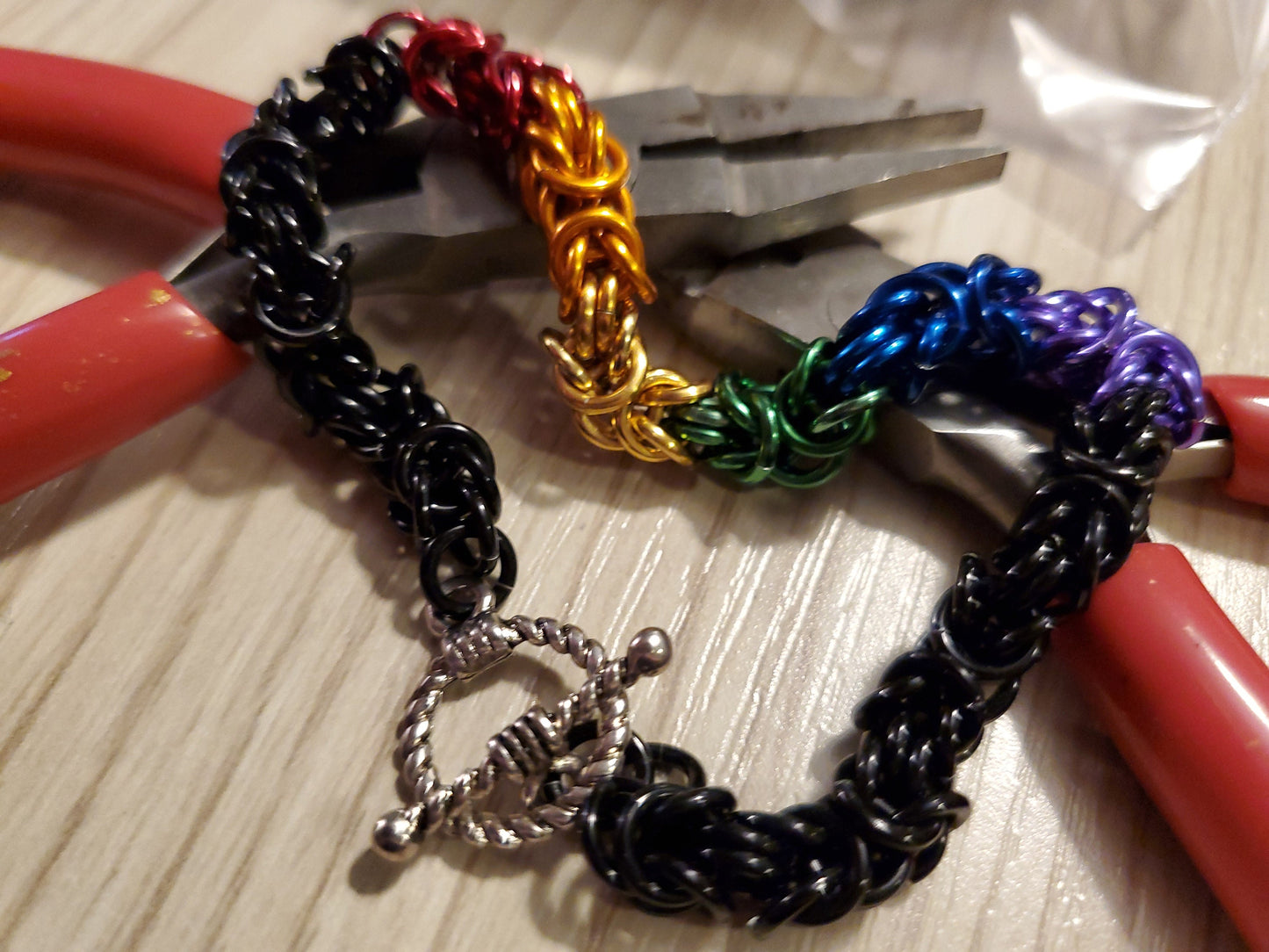 PRIDEcollection 7" Rainbow and Black Byzantine Chainmaille Bracelet with Toggle Clasp