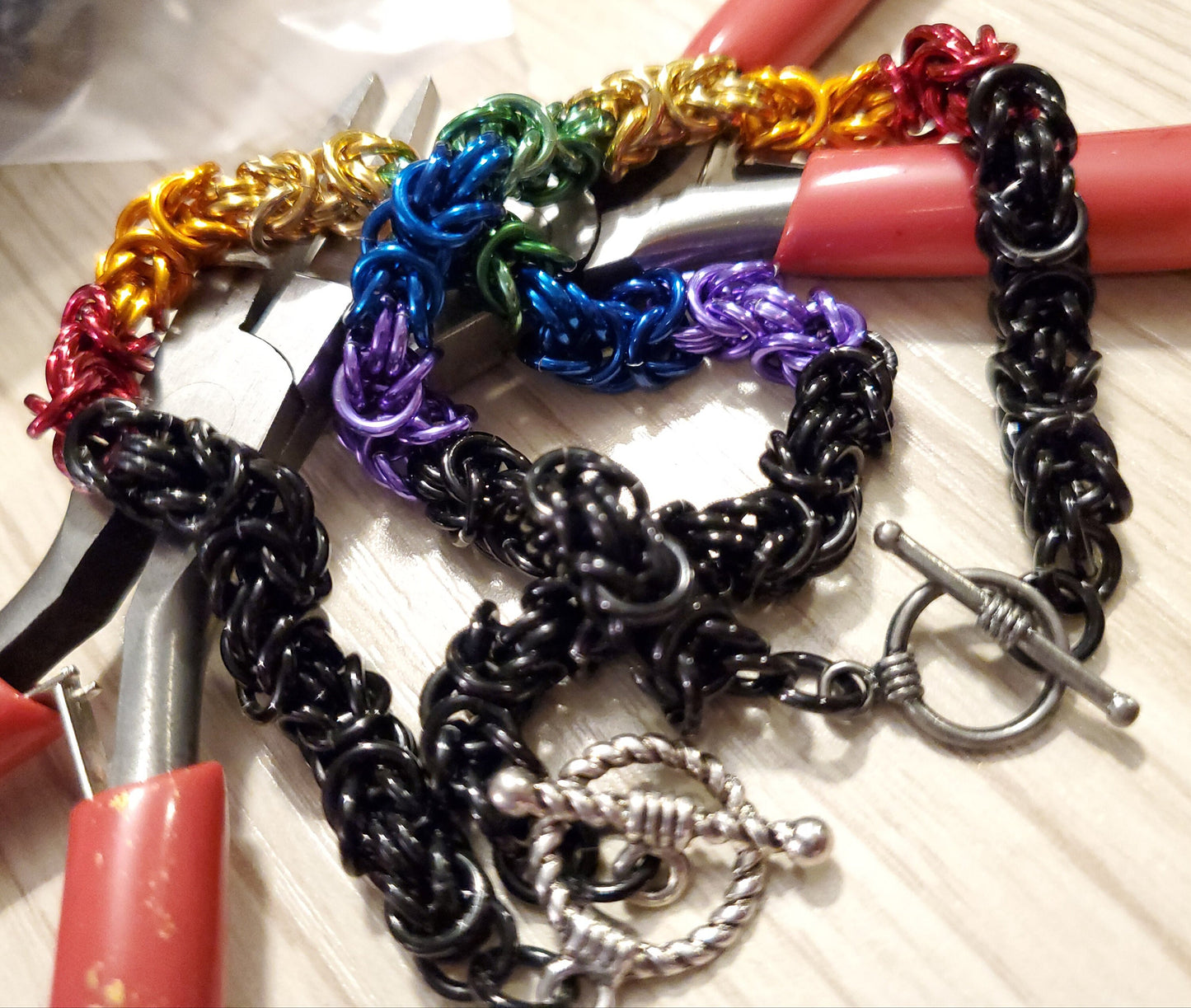 PRIDEcollection Double Rainbow Byzantine Chainmaille Bracelet with Toggle Clasp Set