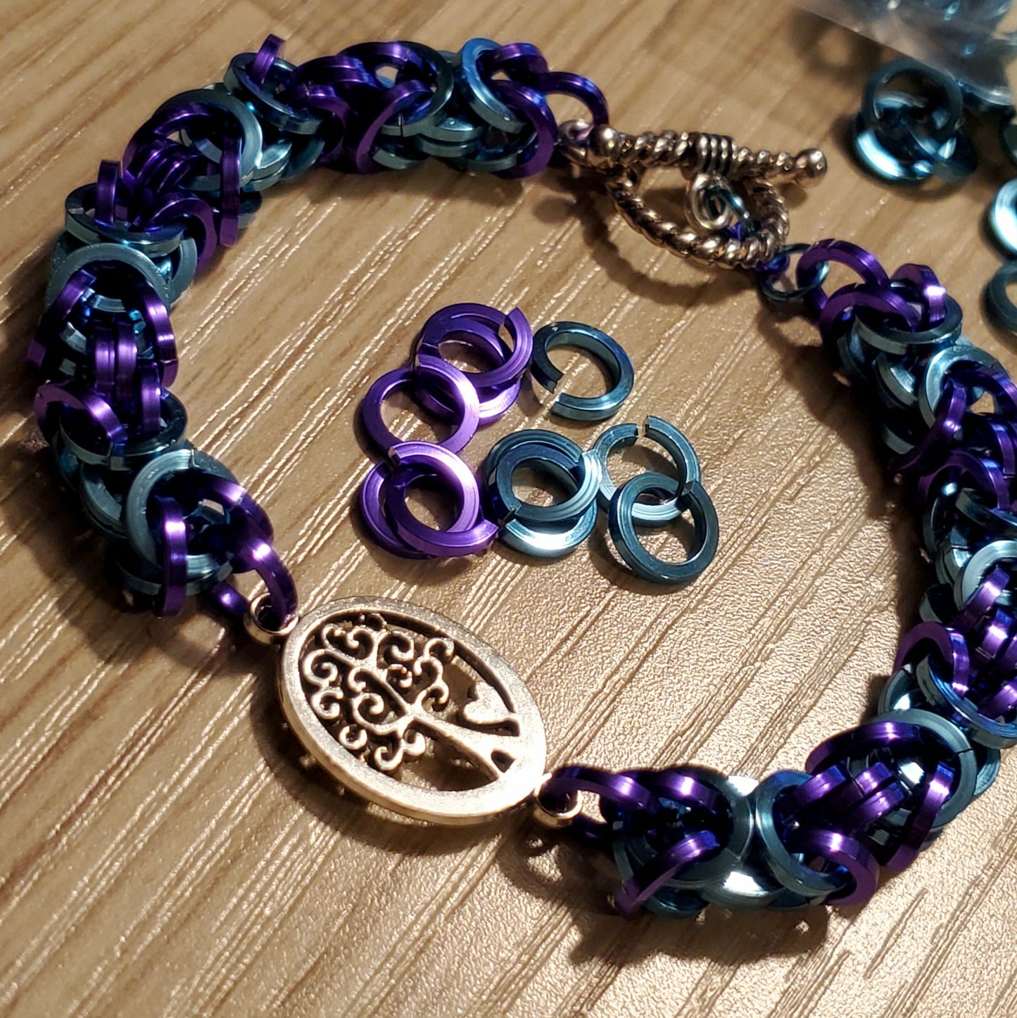 Suicide Awareness Tree of Life Purple and Teal Square Wire with Toggle Clasp