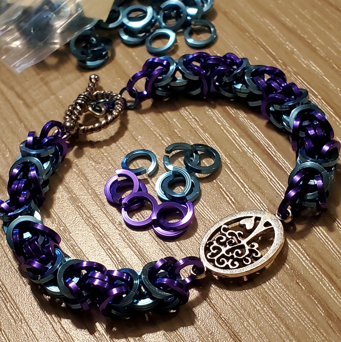 Suicide Awareness Tree of Life Purple and Teal Square Wire with Toggle Clasp