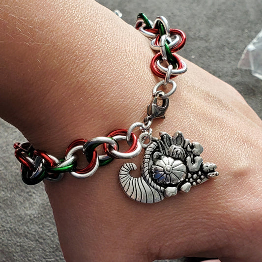 Fall Holiday Thanksgiving Cornucopia Bracelet Green, Red, Bright Aluminum Wiggle Weave