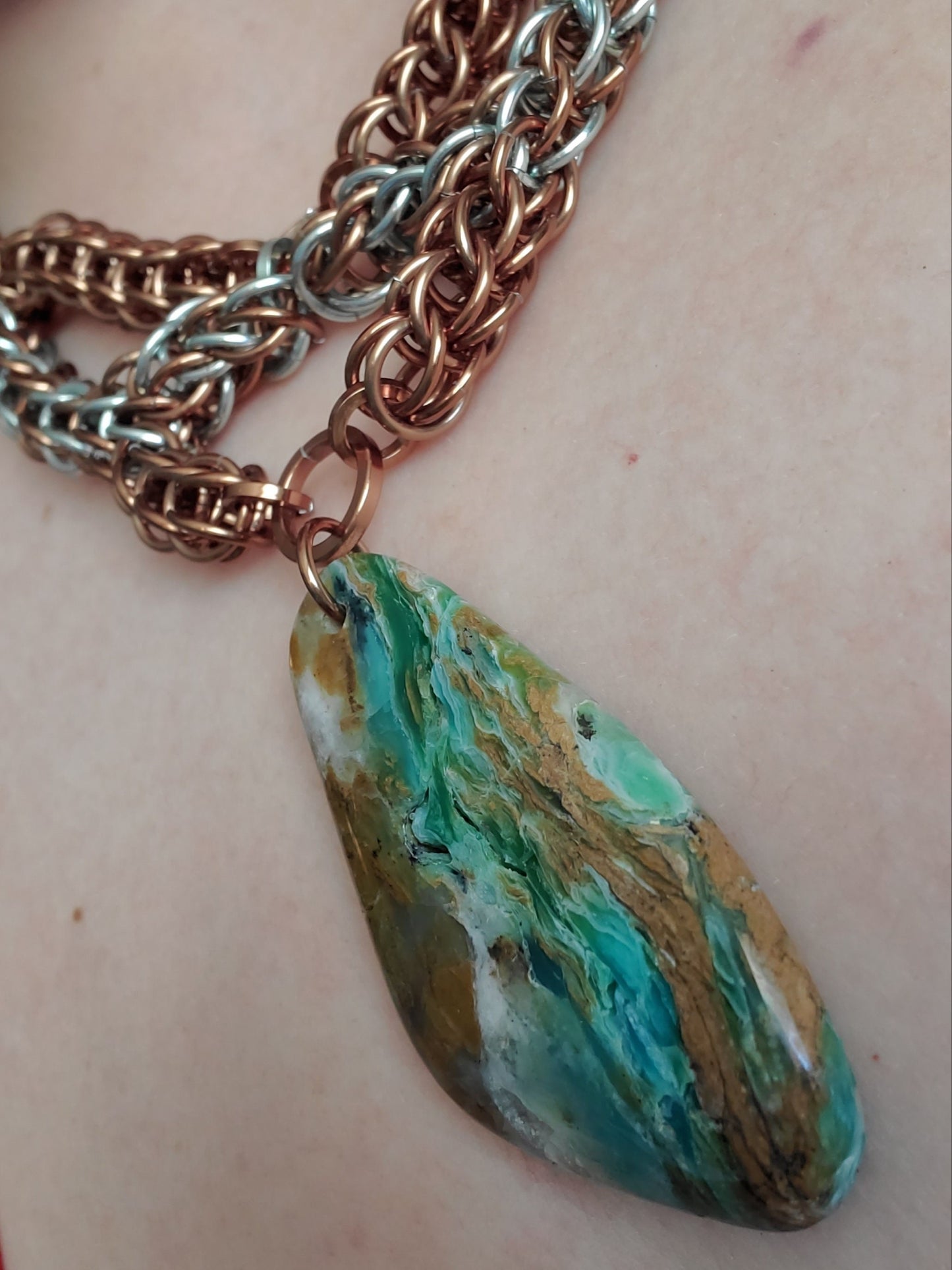 Bronze and Seafoam Full Persian necklace with Gerry Green Jasper stone pendant
