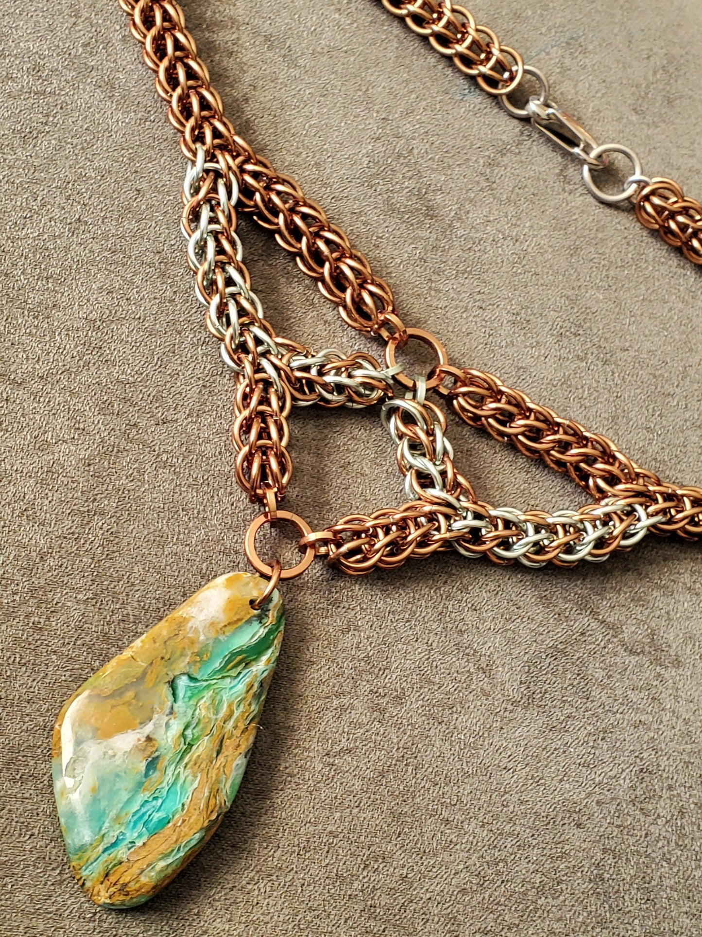 Bronze and Seafoam Full Persian necklace with Gerry Green Jasper stone pendant