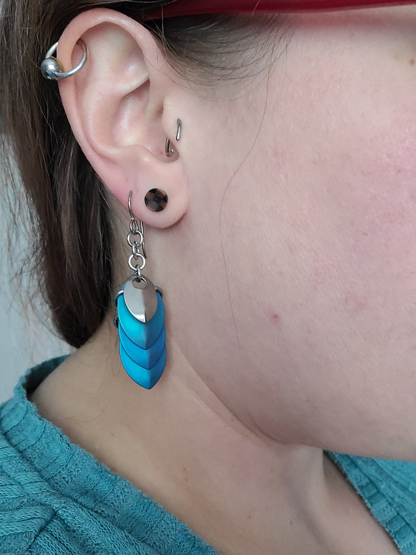 Teal Titanium Linear Dragon Scale (small) Dangle Earrings
