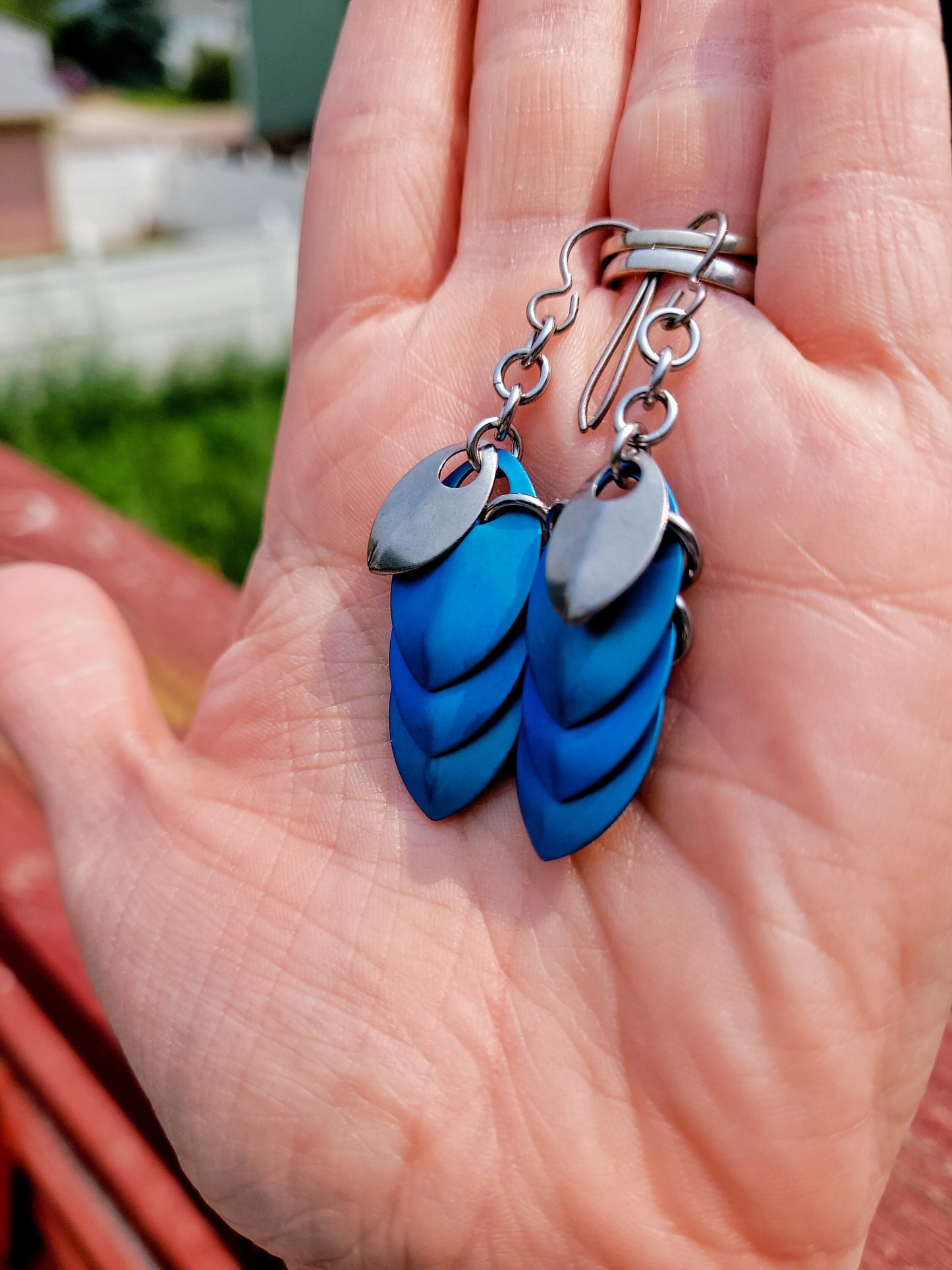 Teal Titanium Linear Dragon Scale (small) Dangle Earrings