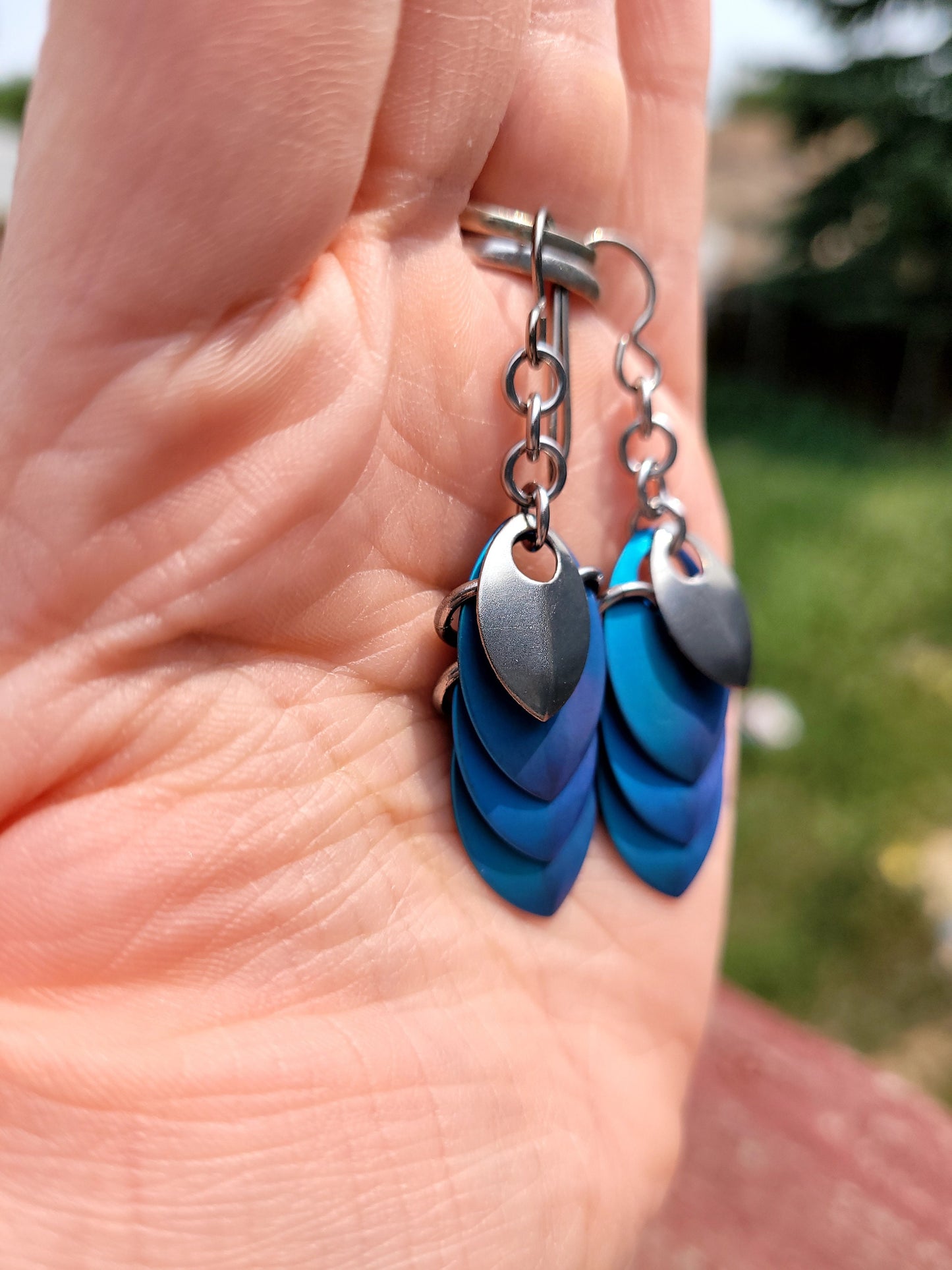 Teal Titanium Linear Dragon Scale (small) Dangle Earrings