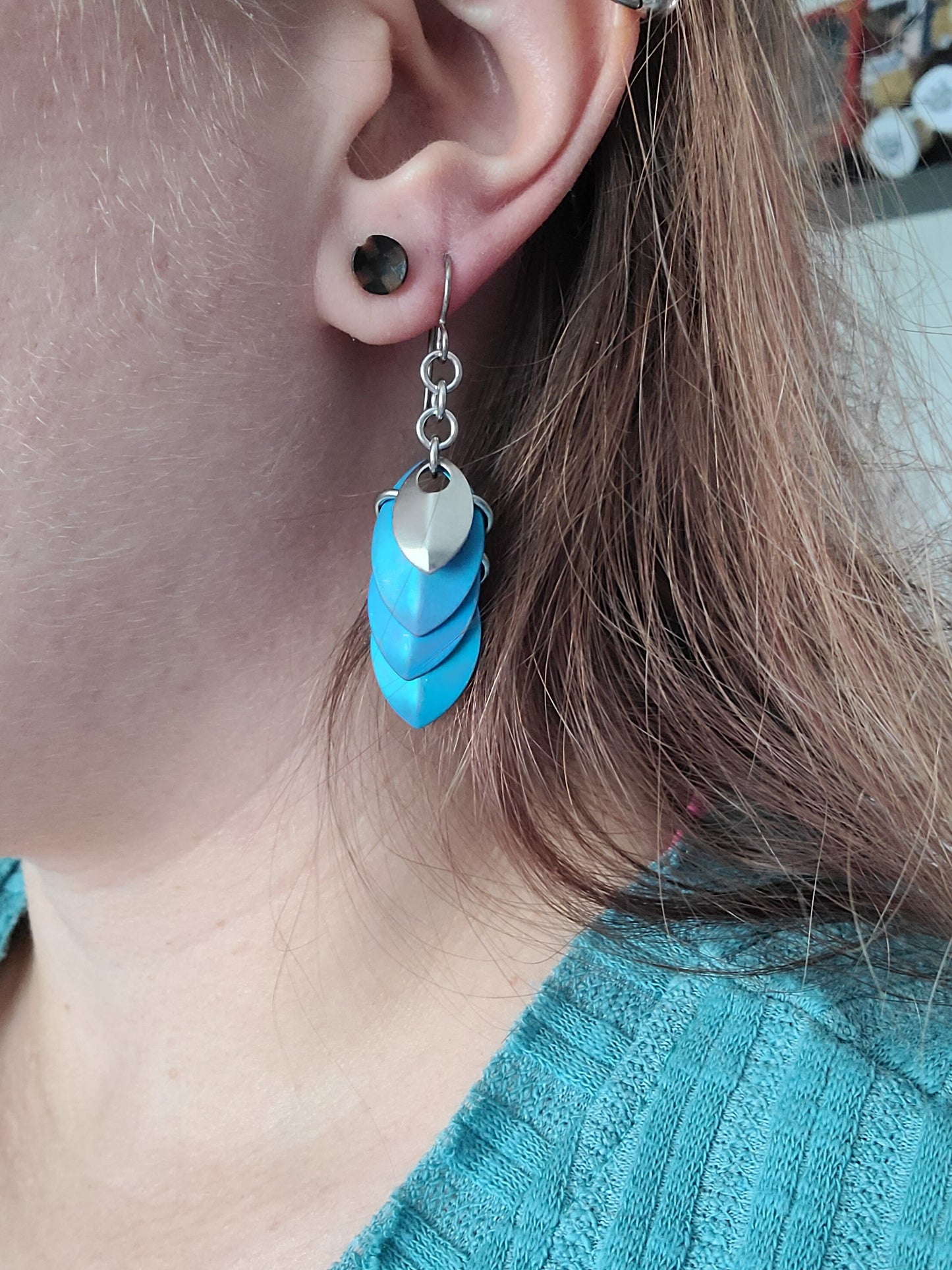 Teal Titanium Linear Dragon Scale (small) Dangle Earrings