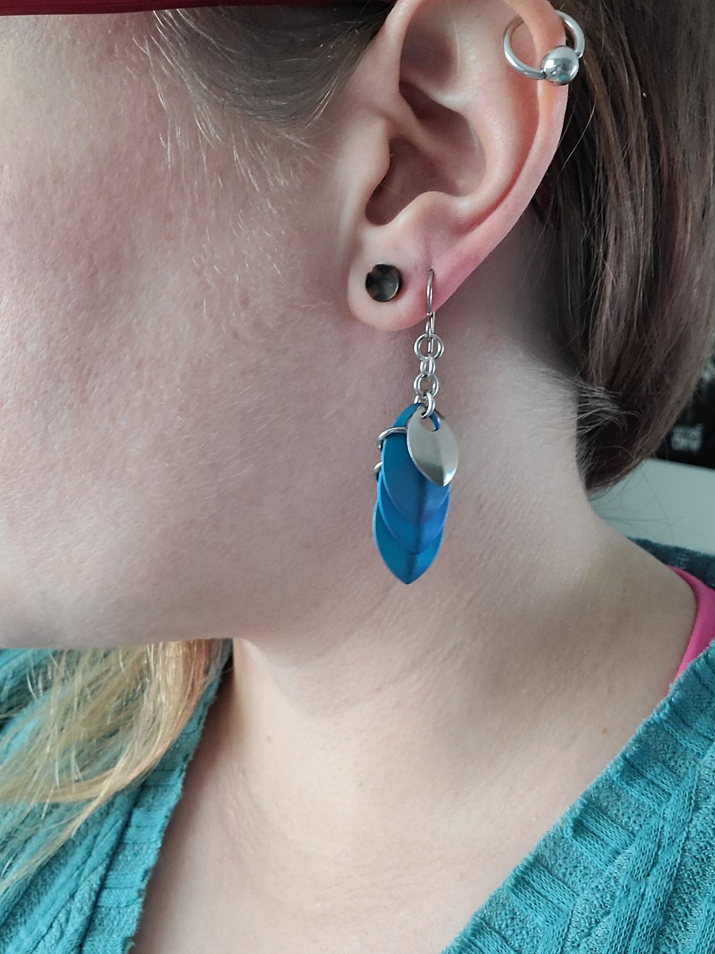 Teal Titanium Linear Dragon Scale (small) Dangle Earrings