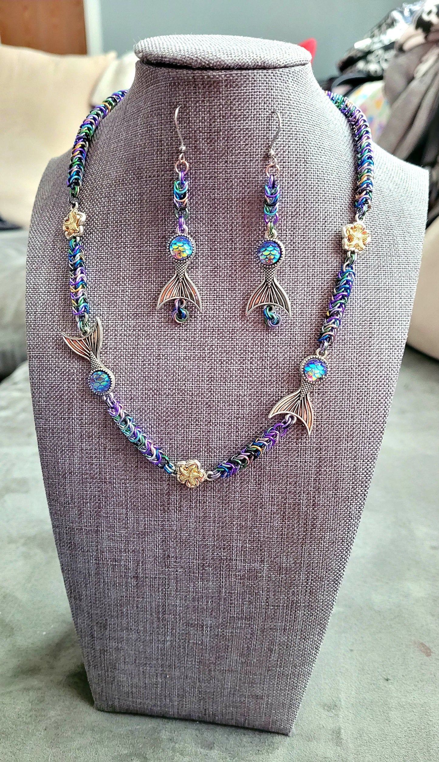Shiny Mermaid Necklace and Earring Set, Gift, multicolored silver charms
