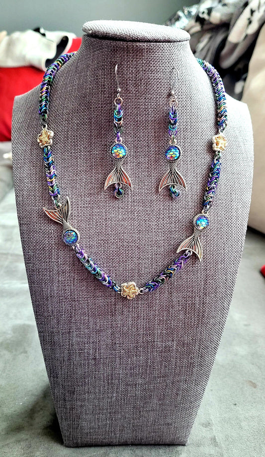 Shiny Mermaid Necklace and Earring Set, Gift, multicolored silver charms
